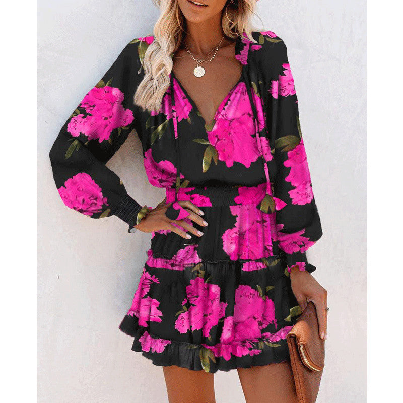 Flowers Print Long Sleeve Dress Fashion Patchwork Puff Sleeve Waist Dresses Women's Clothing - Zalixer