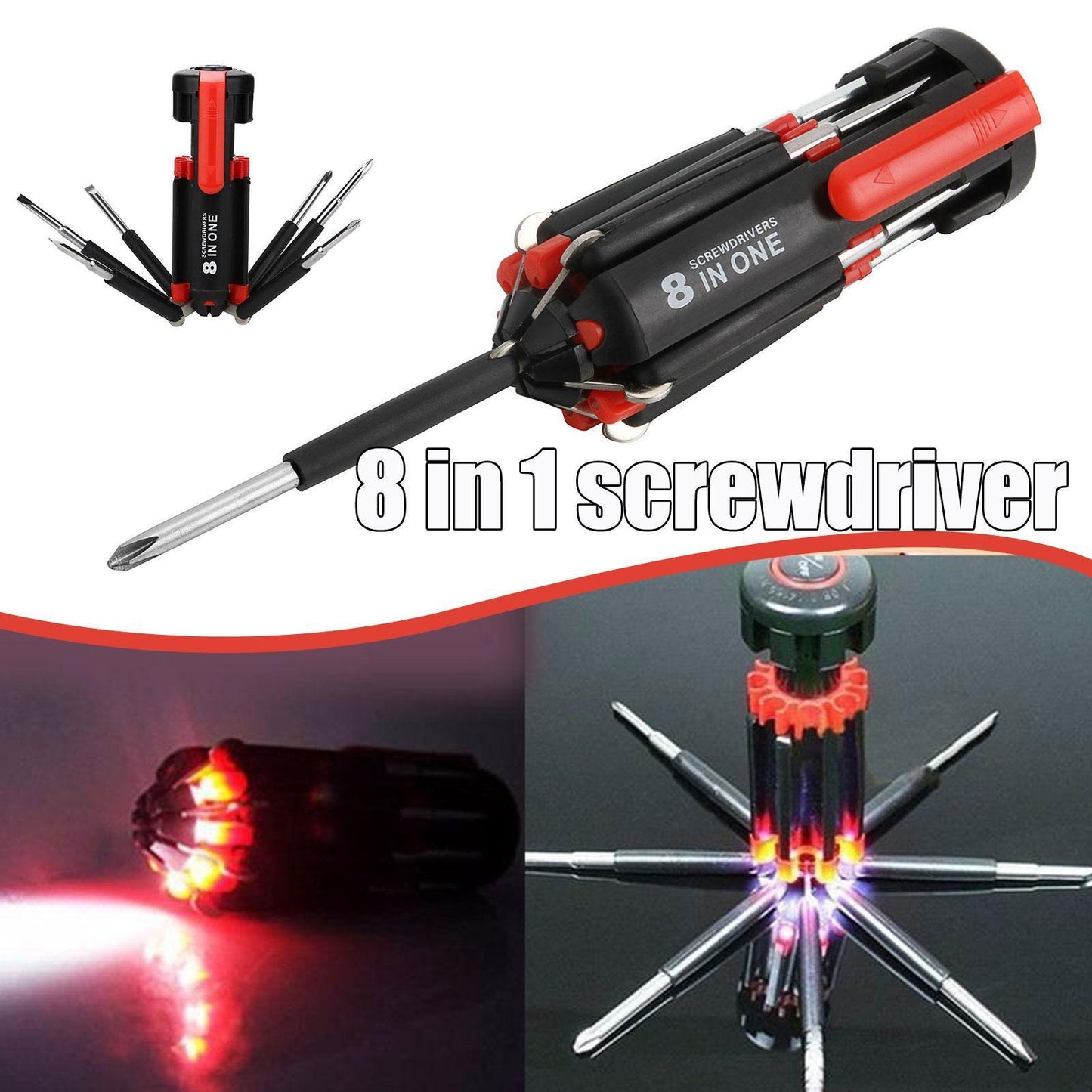 8 In 1 Screwdriver With LED Flashlight Car Portable Multifunctional Outdoor Tool
