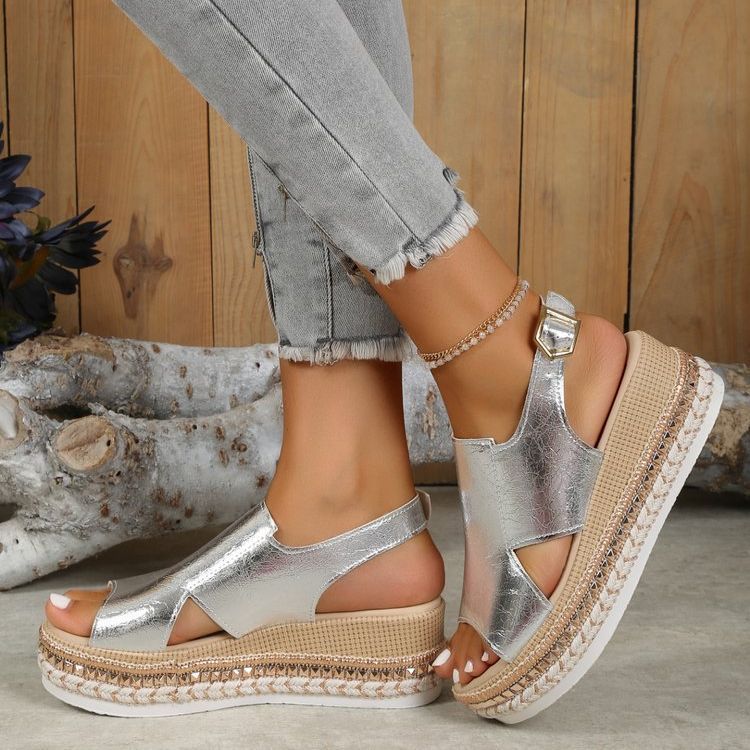 Summer Shiny Sandals Hollow Design Fish Mouth Sandal For Women Fashion Buckle Wedges Shoes - Zalixer