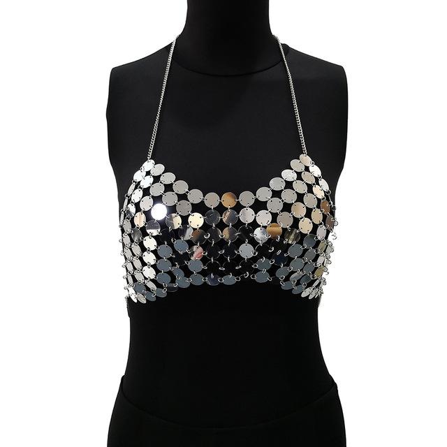 Sexy Metal Chain Tank Top Womens Silver Sparkly Sequins Hollow Plain Backless Club Vest Women Summer Beach Crop Tops - Zalixer