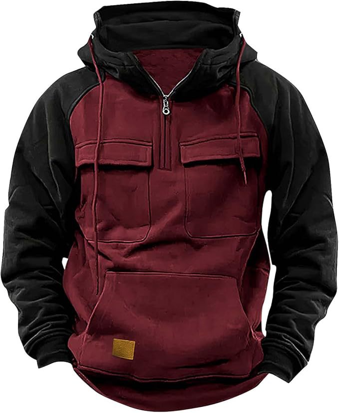 Fall Winter Retro Cargo Men's Half Zipper Multi Pockets Solid Warm Fleece Hoodie Sweatshirts - Zalixer