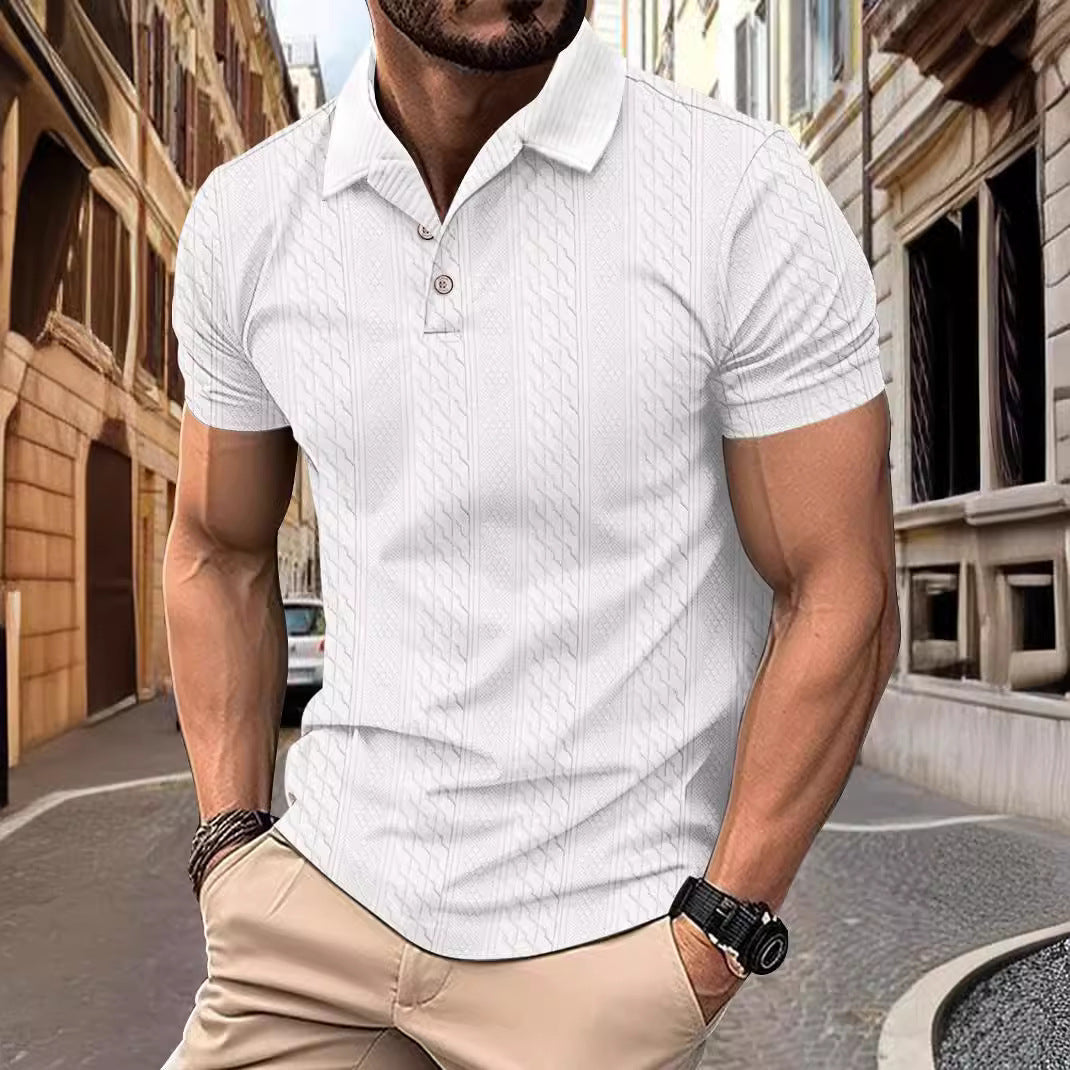 Simple Fashion Solid Color Polo Collar Men's Button Jacquard Short Sleeve