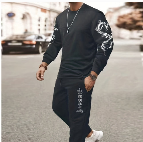 Men's Long-Sleeved Suit Slim Crew Neck Pullover T-shirt And Pockets Drawstring Pencil Pants Casual Trousers Set - Zalixer
