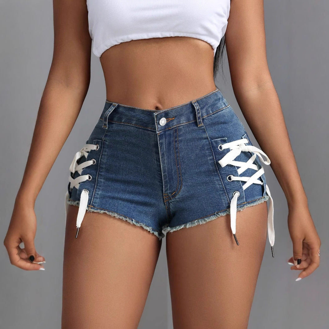 Womens Stylish Slim-Fit Personalized Elastic Denim Shorts With Ties - Zalixer