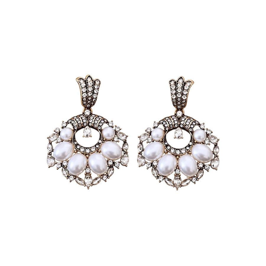 Womens Round Pearl Earrings With Silver Needle And Diamond Inlay - Zalixer