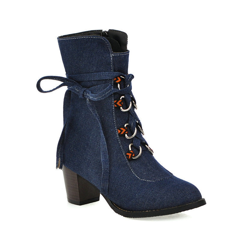 Womens Denim Winter Boots New Korean-Style Lace-Up Design - Zalixer
