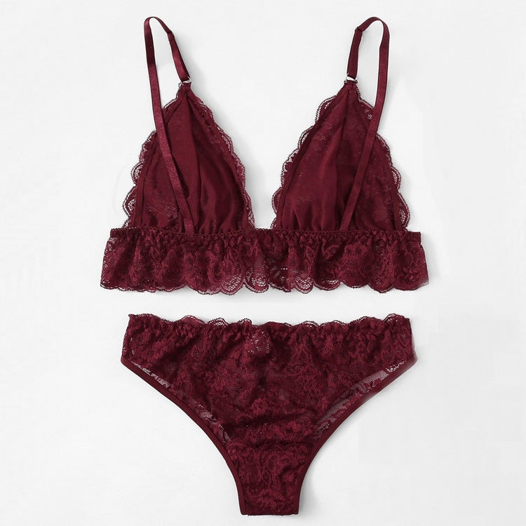 Solid Color Lace Embroidered Bikini Women's Bra Panties - Zalixer
