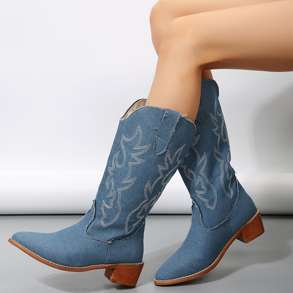 Womens Plus-Size Mid-Calf Western Boots - Zalixer