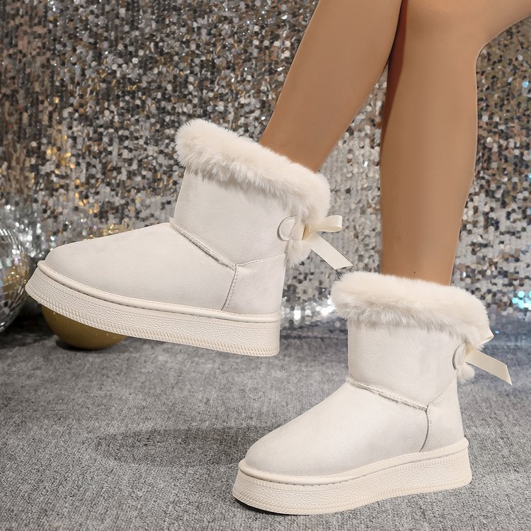 Winter Snow Boots With Bowknot Fashion Round Toe Flat Thickened Suede Cotton Shoes For Women Casual Warm Plush Short Boot - Zalixer
