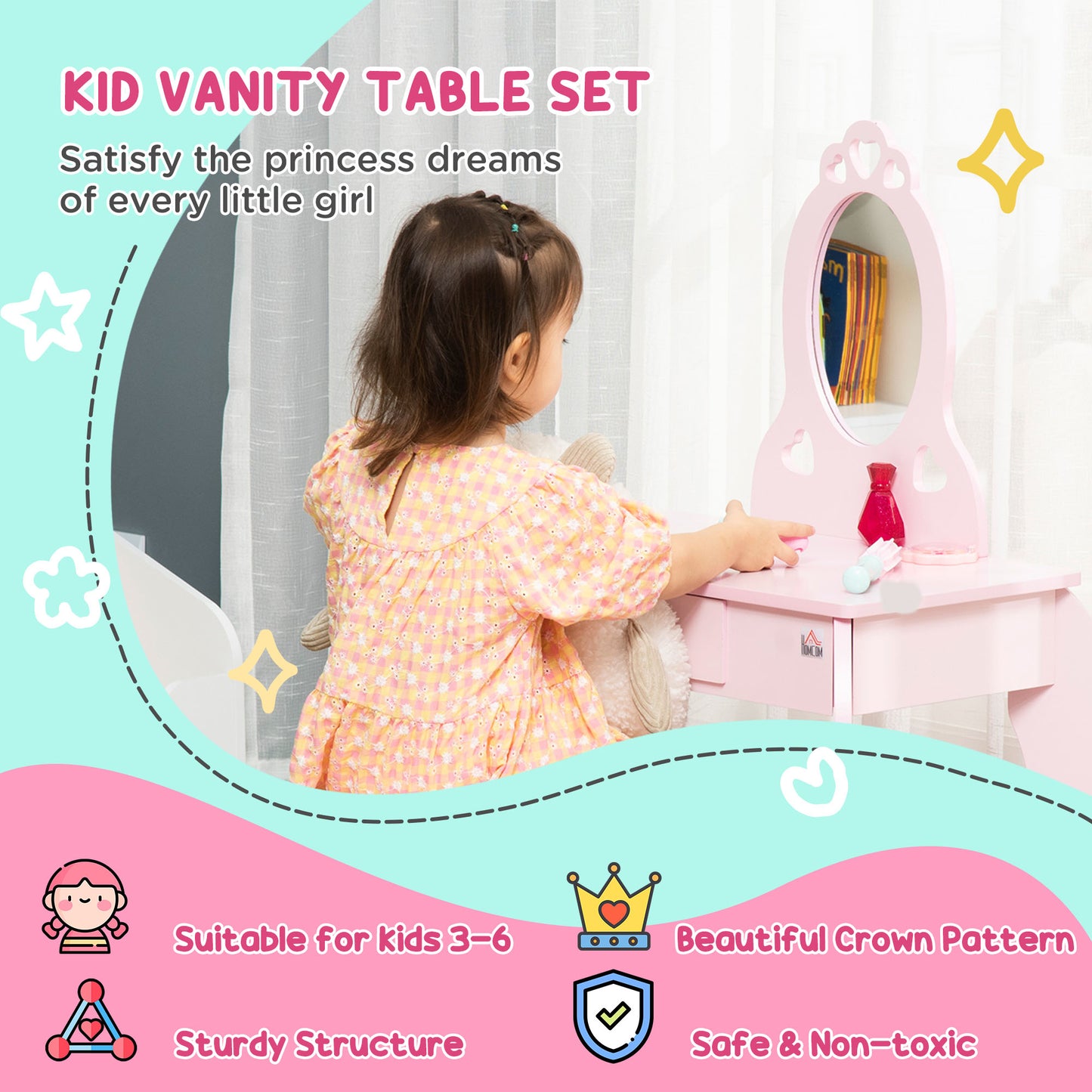 Kids Vanity Table & Stool Girls Dressing Set Make Up Desk Chair Dresser Play Set With Mirror Pink - Zalixer