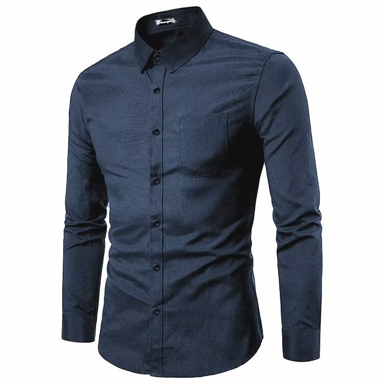 Men's Slim Solid Color Long Sleeve Business Lapel Shirt