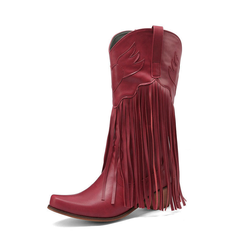 Womens Retro Mid-Calf Chunky Heel Round-Toe Boots - Zalixer