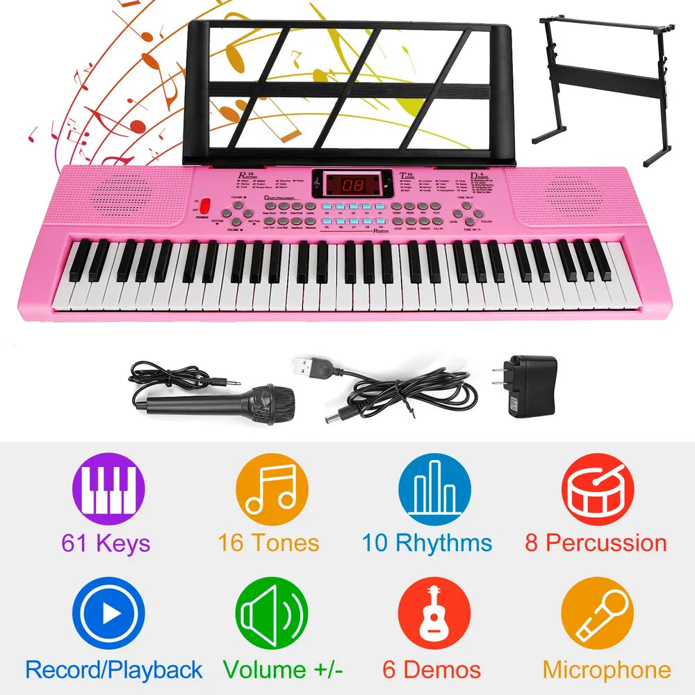 61 Keys Digital Music Electronic Keyboard Electric Musical Piano Instrument Kids Learning Keyboard W/ Stand Microphone
