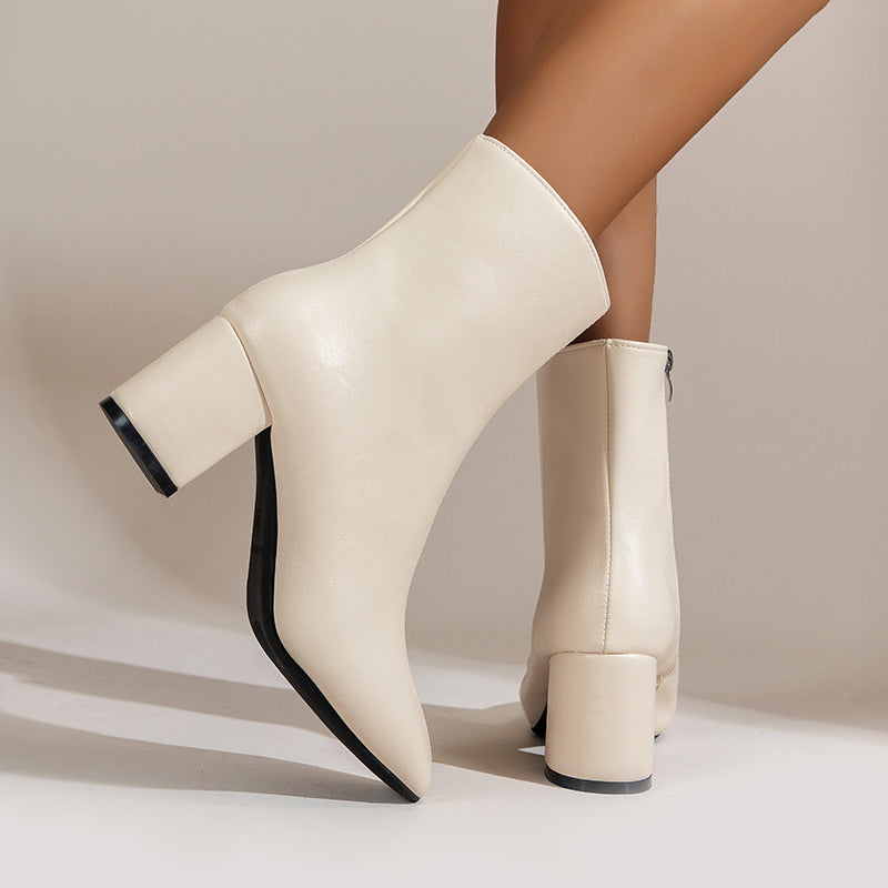 Chunky Heel Pointed Toe Boots With Side Zipper Fashion Mid-calf Boot For Women Shoes - Zalixer