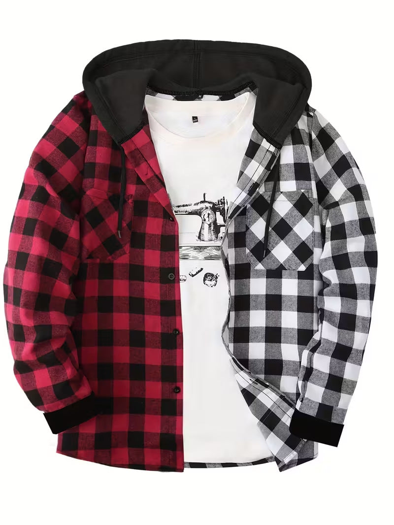 New Mens Long-sleeve Plaid Hoodie Shirt