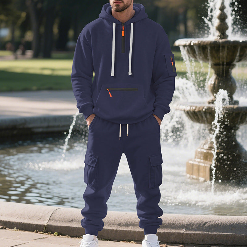 Men's Loose Sports And Leisure Suit Sweater Fleece-lined Hoodie Set Zipper Multi-Pocket Pullover Men's Sports Casual Top Two-piece Set - Zalixer