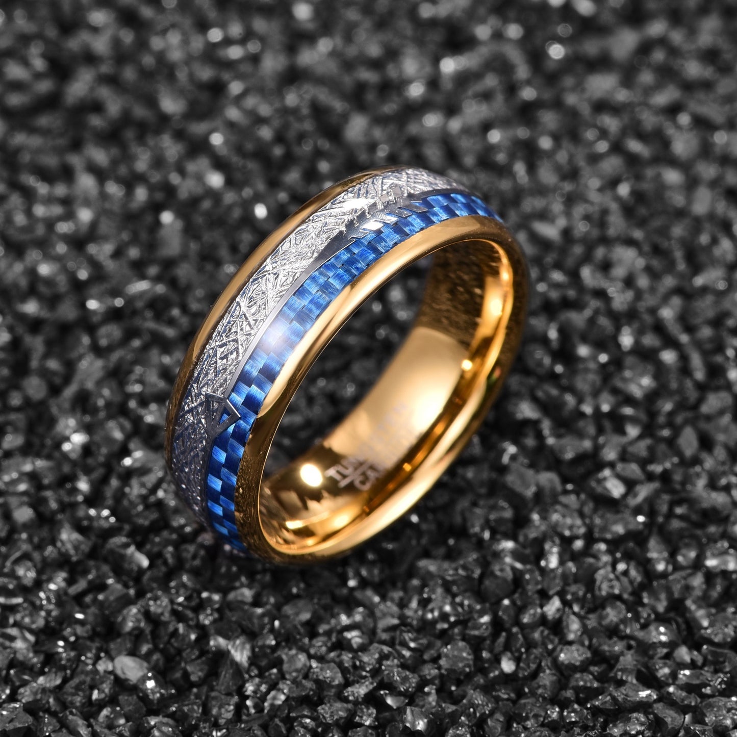 Electroplated Gold Inlaid Blue Carbon Fiber Tungsten Ring