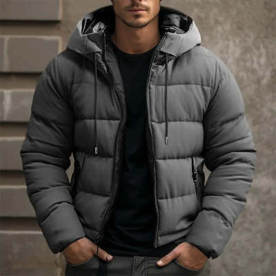 Men's Hooded Jacket Winter Pockets Zip-Up Coat Casual Outerwear Clothing