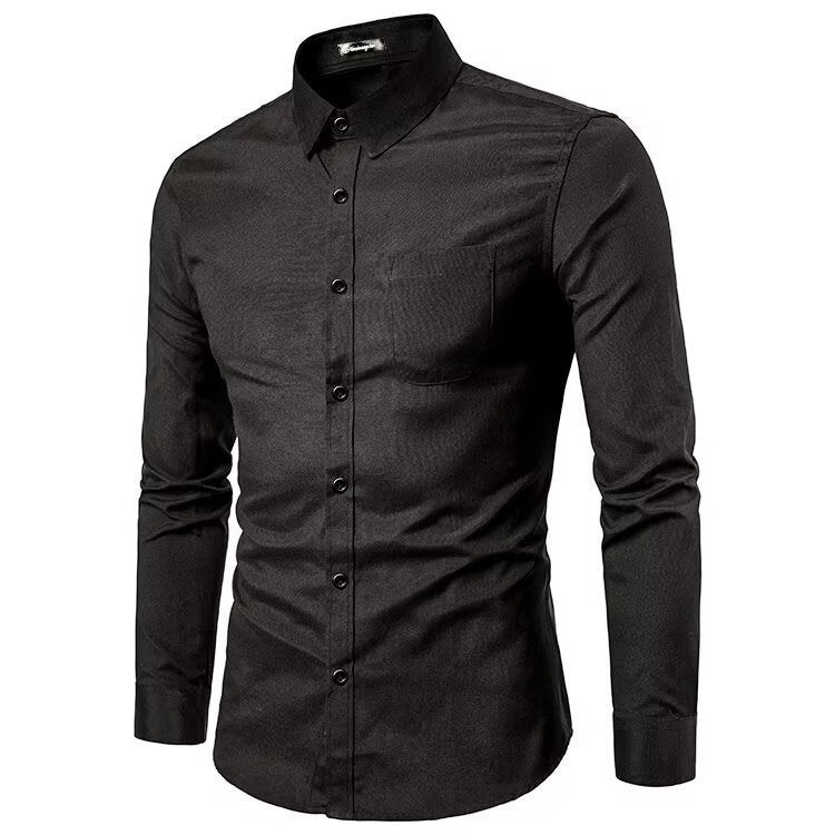 Men's Slim Solid Color Long Sleeve Business Lapel Shirt