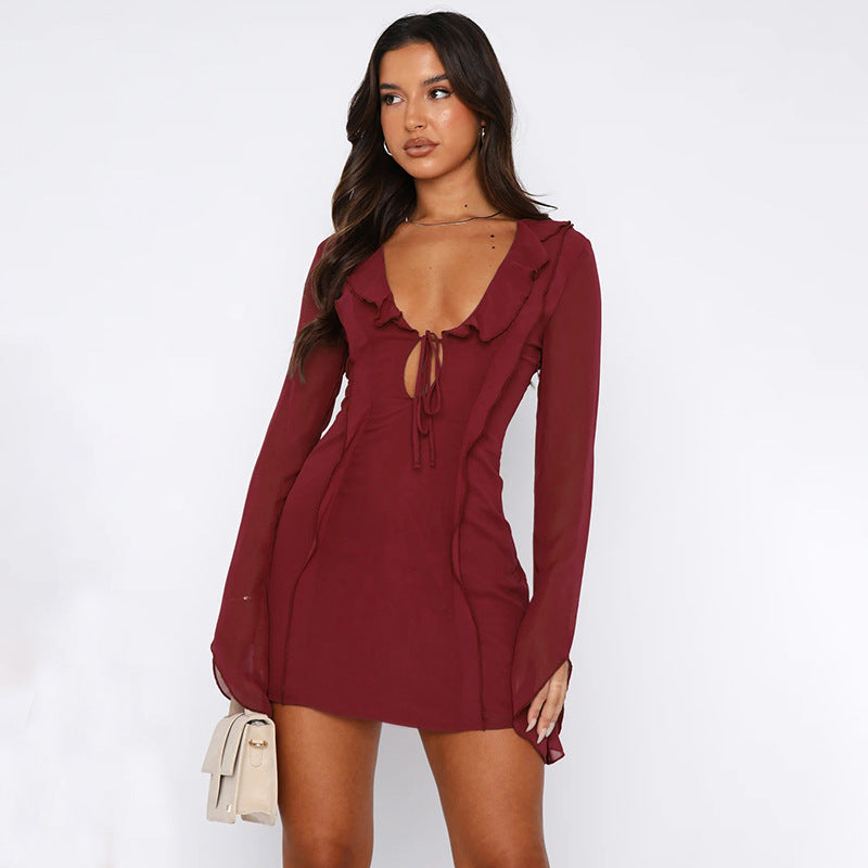 Sexy Ruffled V-neck Lace-up Long-sleeved Dress Fashion Y2K Skirt Slim Hip-covering Short Dresses For Womens Clothing - Zalixer