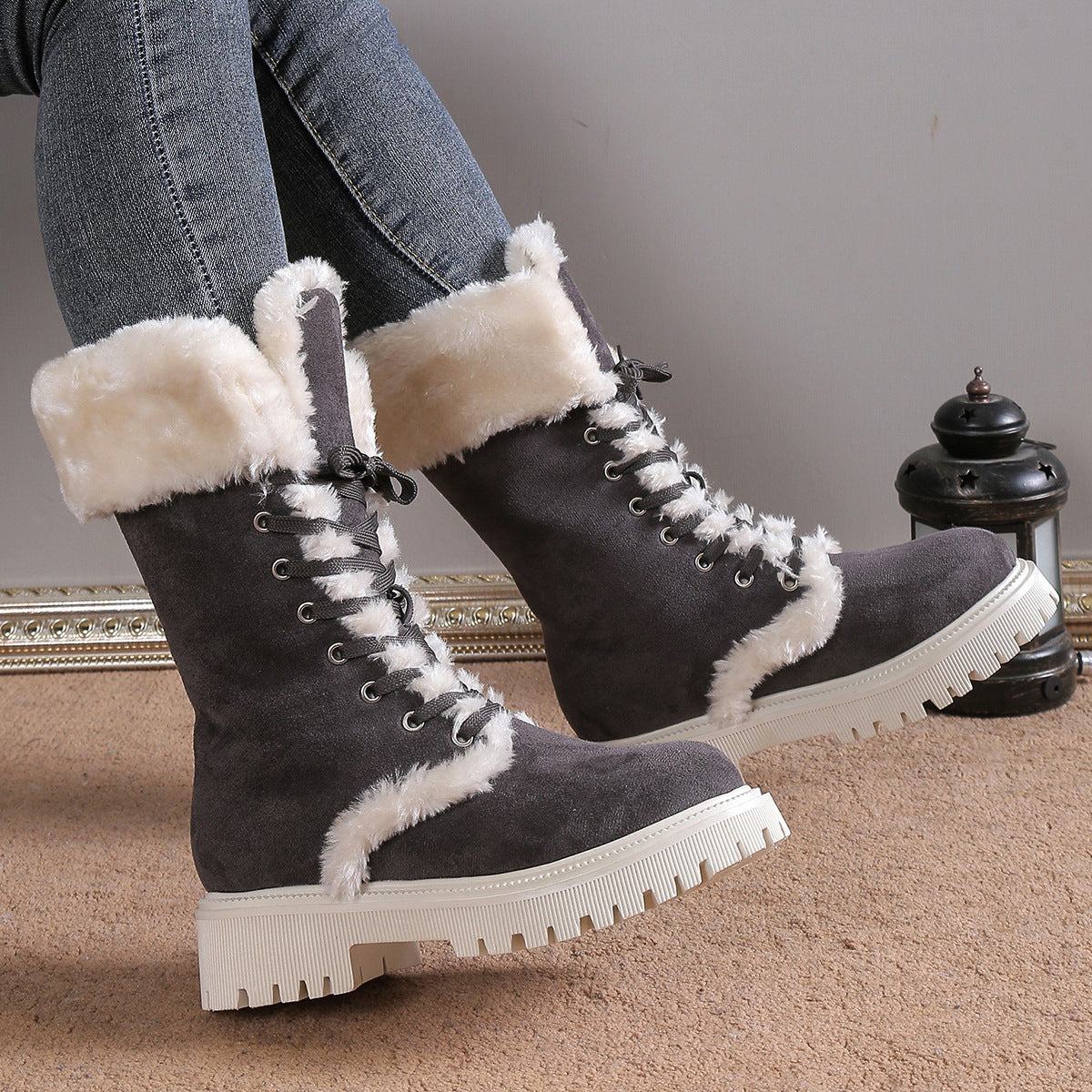 Winter Lace-up Snow Boots For Women Mid-tube Fleece Shoes Warm Chunky Heels Plush Boot - Zalixer