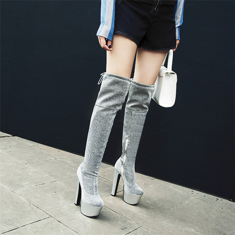 Womens Thigh Bling Sequined Cloth Platforms High Heels Long Boots - Zalixer