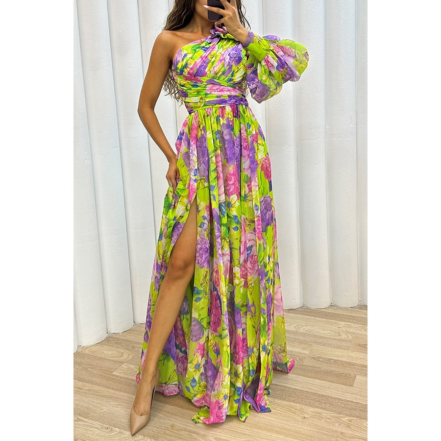 Floral Print Split Maxi Dress Fashion Sexy One-Shoulder Long-Sleeved Dresses Summer Beach Clothing For Women - Zalixer