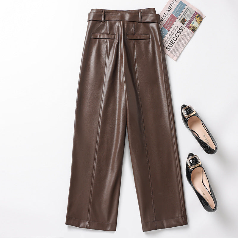 Womens Straight-Leg Leather Pants High-Waisted Fashionable Wide-Leg Pants - Zalixer
