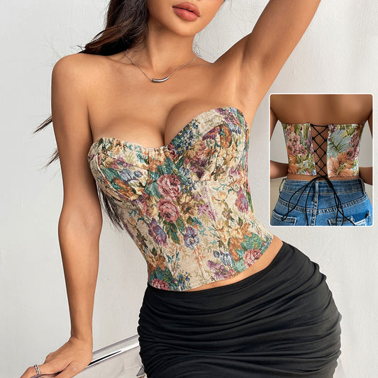 Y2K Floral Print Tube Vest Top With Back-tied Design INS Fashion Crop Corset Tank For Women Clothing - Zalixer