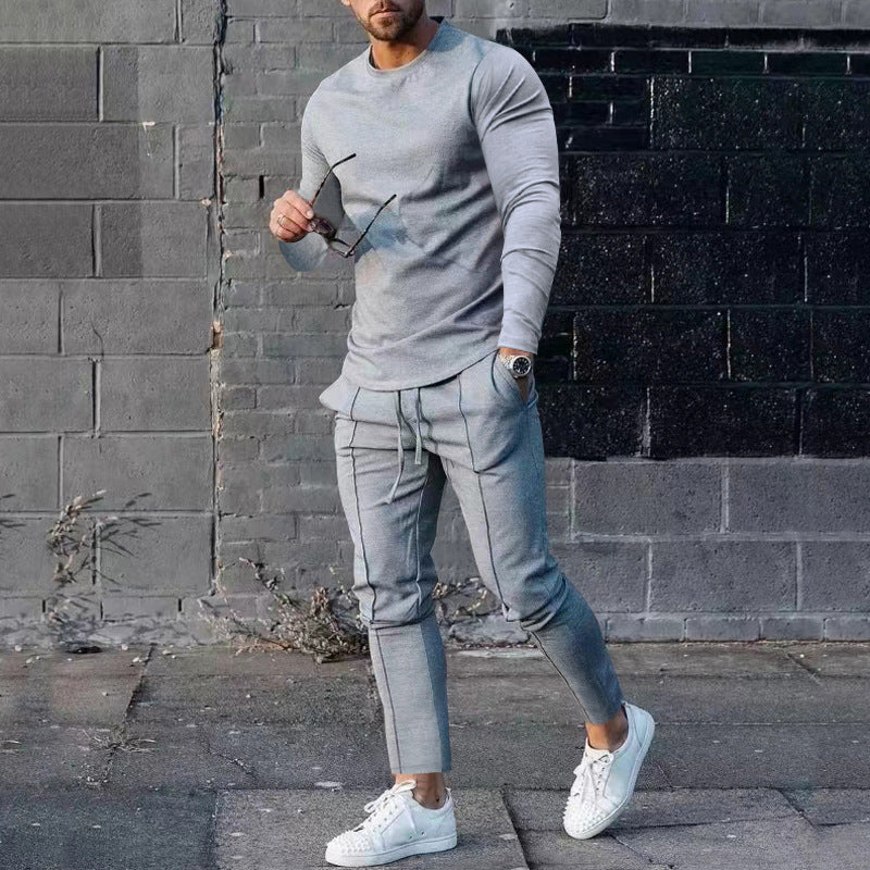 Men's Long-Sleeved Suit Slim Crew Neck Pullover T-shirt And Pockets Drawstring Pencil Pants Casual Trousers Set - Zalixer
