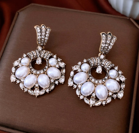 Womens Round Pearl Earrings With Silver Needle And Diamond Inlay - Zalixer