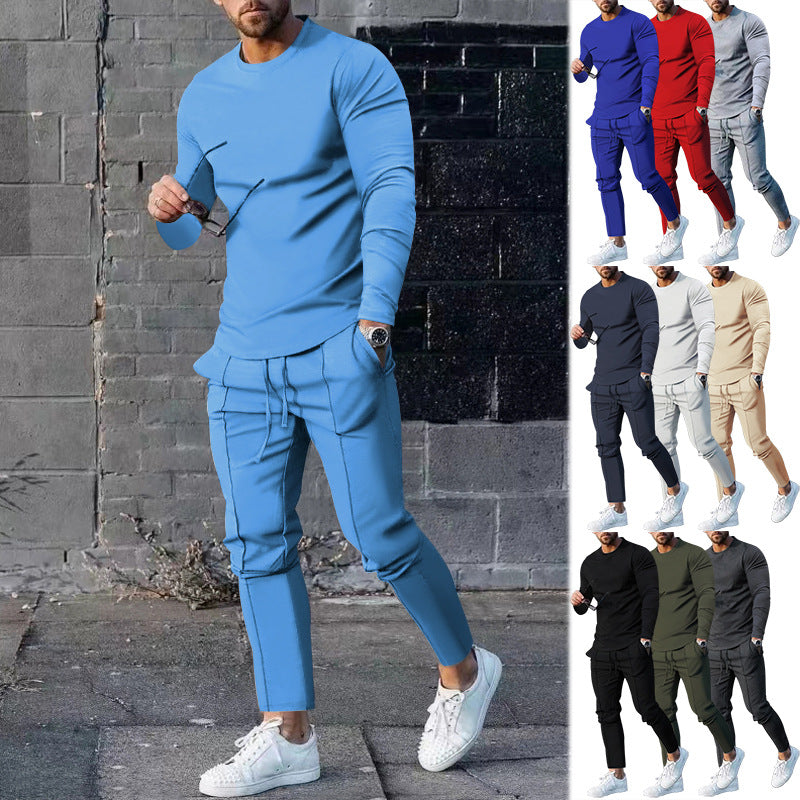 Men's Long-Sleeved Suit Slim Crew Neck Pullover T-shirt And Pockets Drawstring Pencil Pants Casual Trousers Set - Zalixer