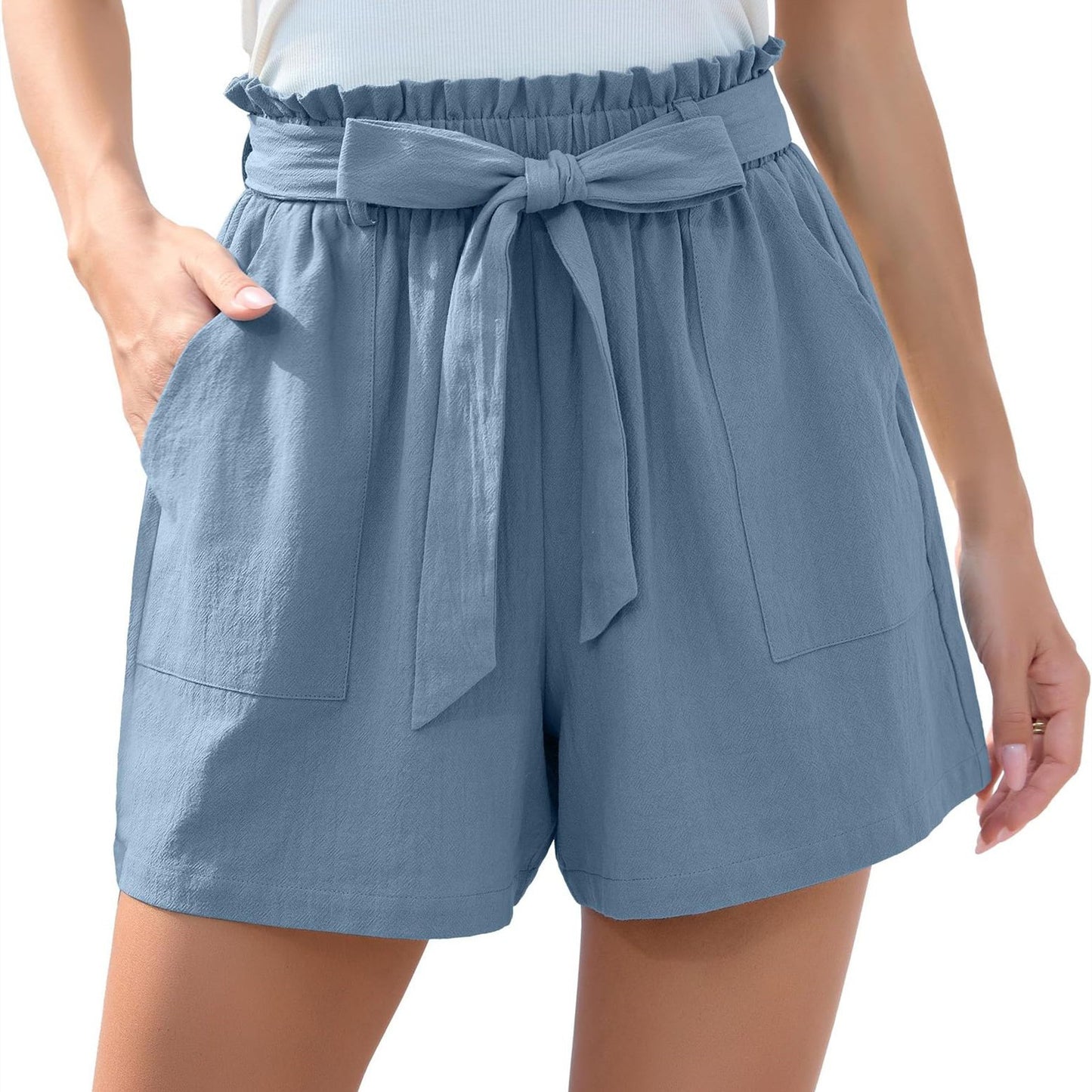 Fashion Ruffle Bow Waist Tie Shorts Summer Beach Pants With Pockets Womens Clothing - Zalixer
