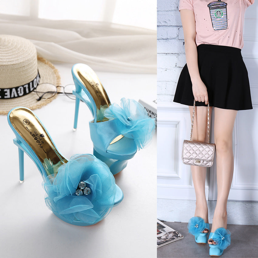 Womens Satin-Trimmed Diamond-Embellished Chiffon Floral Heels - Zalixer