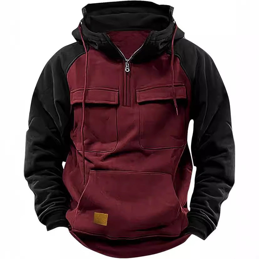 Fall Winter Retro Cargo Men's Half Zipper Multi Pockets Solid Warm Fleece Hoodie Sweatshirts - Zalixer