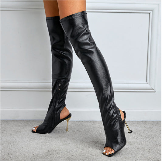 Womens Square Toe Cutout Over Knee Side Zip Cool Boots - Zalixer