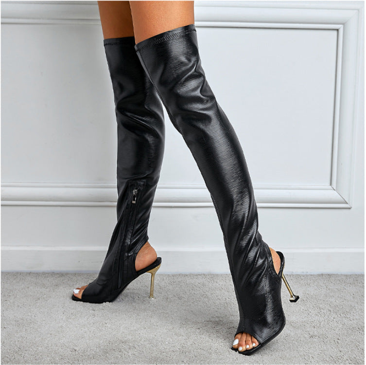 Womens Square Toe Cutout Over Knee Side Zip Cool Boots - Zalixer