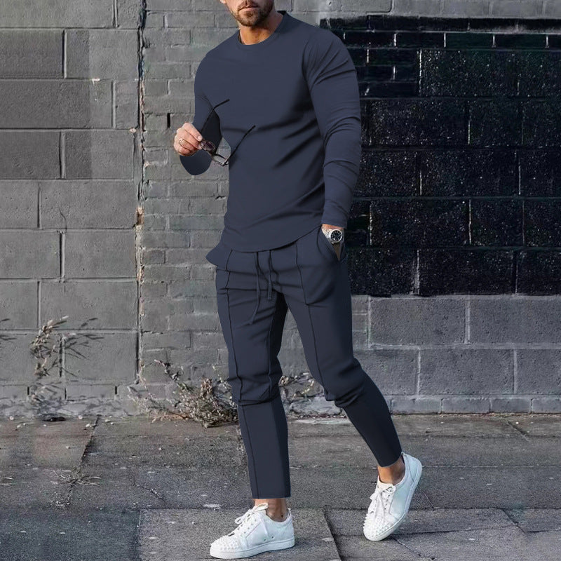 Men's Long-Sleeved Suit Slim Crew Neck Pullover T-shirt And Pockets Drawstring Pencil Pants Casual Trousers Set - Zalixer