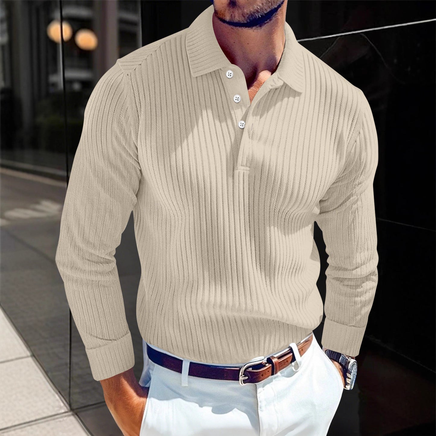 Men's Polo T-shirt With A Turn-down Collar Spring Summer Business Buttoned Long-sleeve Sports Retro Style Striped Polo Shirt For Daily Wear - Zalixer