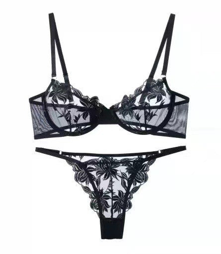 Women's Fashion Embroidered Flower See-through Bra Panties Set - Zalixer