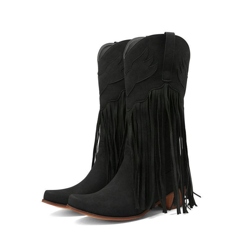 Womens Retro Mid-Calf Chunky Heel Round-Toe Boots - Zalixer