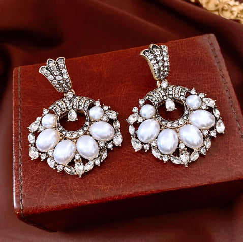 Womens Round Pearl Earrings With Silver Needle And Diamond Inlay - Zalixer