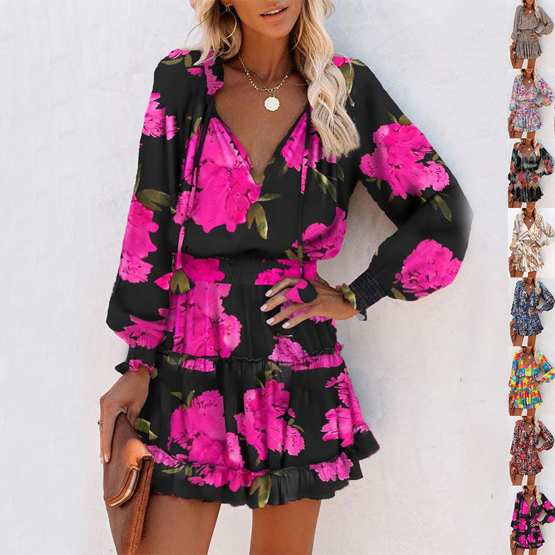 Flowers Print Long Sleeve Dress Fashion Patchwork Puff Sleeve Waist Dresses Women's Clothing - Zalixer