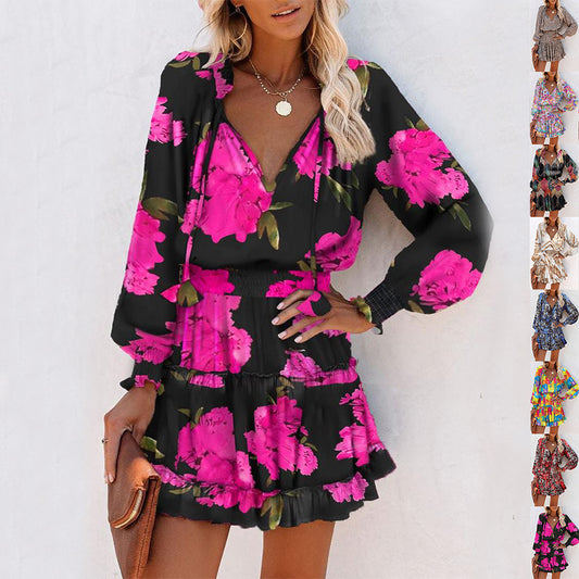 Flowers Print Long Sleeve Dress Fashion Patchwork Puff Sleeve Waist Dresses Women's Clothing - Zalixer
