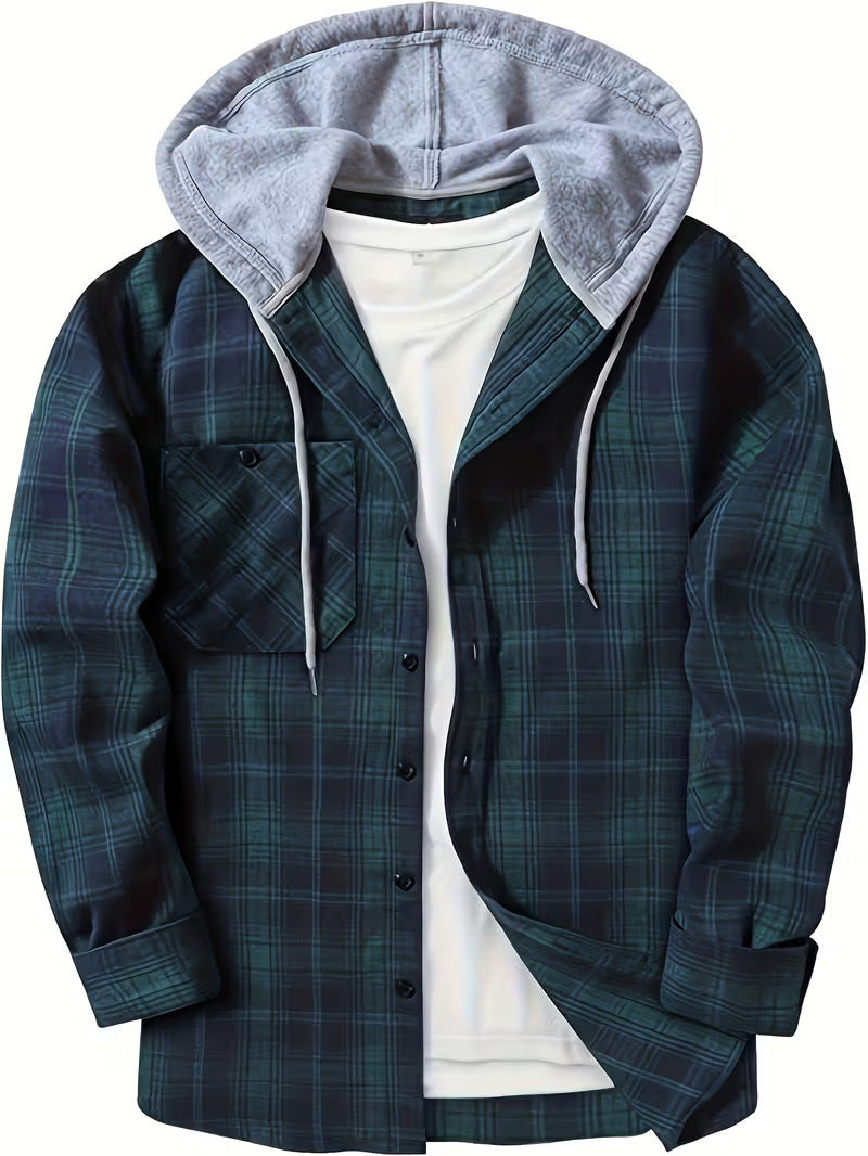 New Mens Long-sleeve Plaid Hoodie Shirt