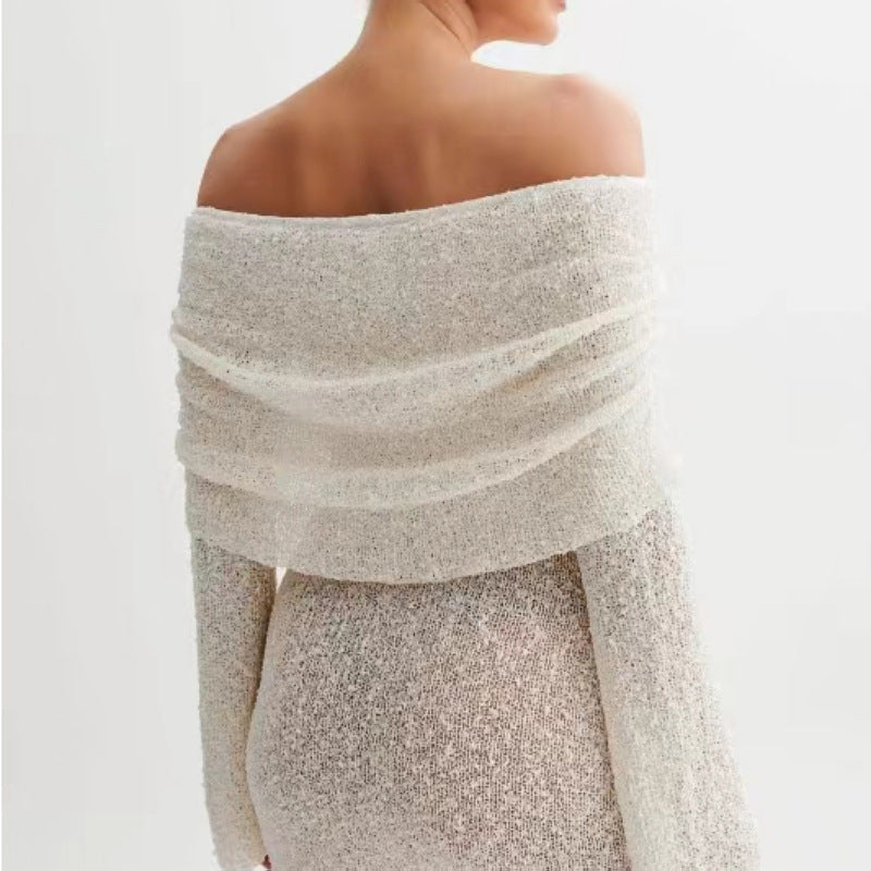Women's Spring Summer Knitted Dress Elegant Party Boat Neck Dress Infant Off Shoulder Bodycon Long Sleeve Fuzzy Short Club Chic Mini Dress - Zalixer