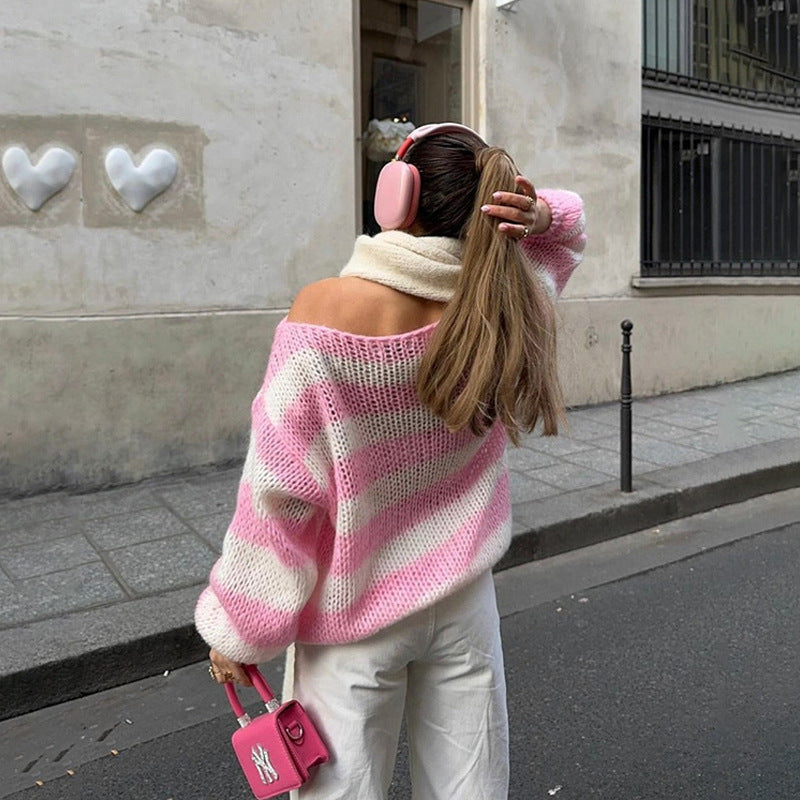 Loose Striped Pullover Sweater Fashion Versatile Long-sleeved Knitted Tops For Women Clothing - Zalixer