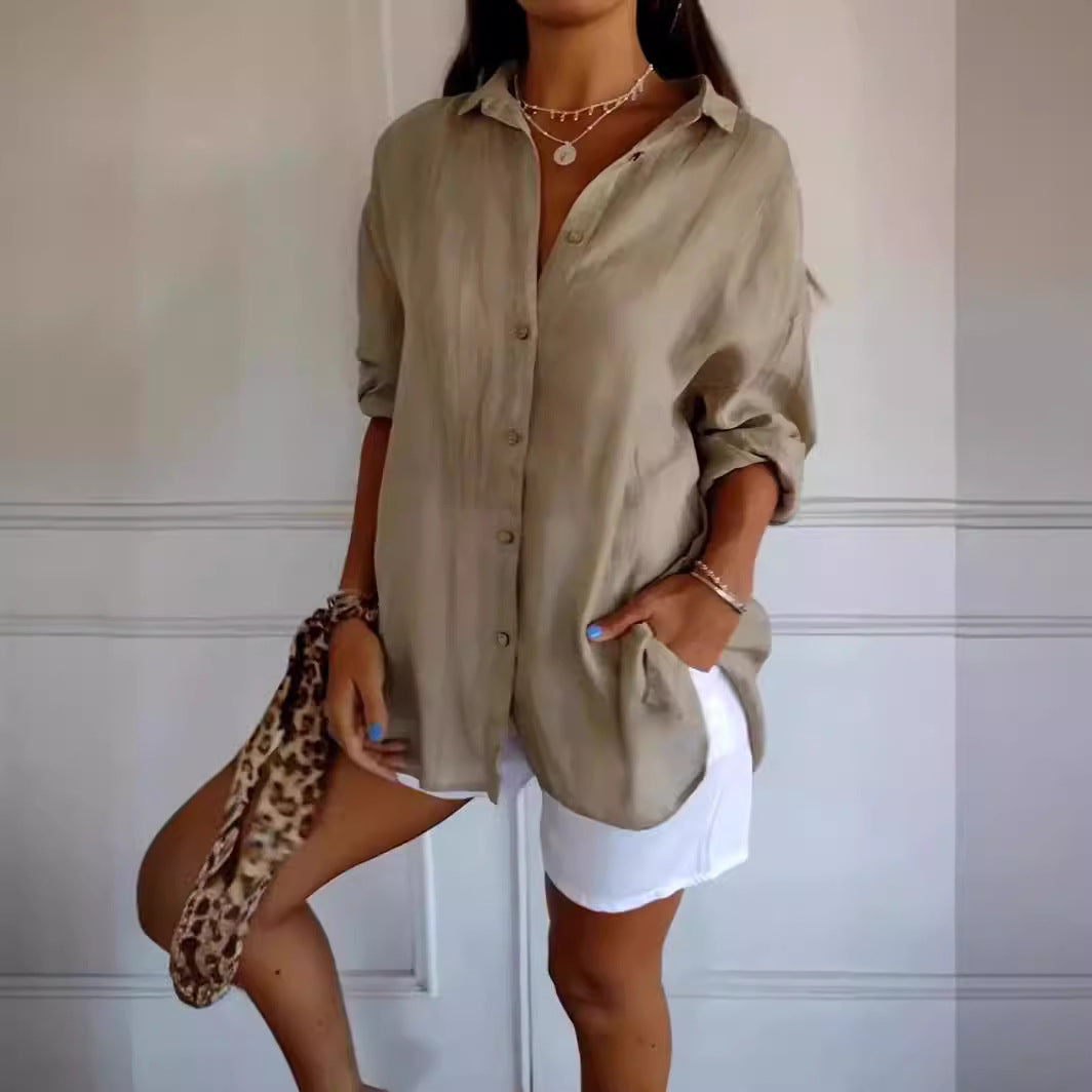 Lapel Long Sleeve Shirt Women's Single-breasted Pleated Shirt Tops Clothing - Zalixer