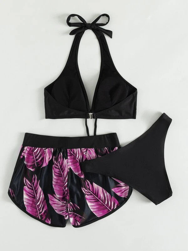 3pcs Leaf Print Bikini With Shorts Fashion Summer Beach Swimsuit Womens Clothing - Zalixer