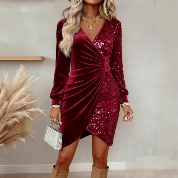 Elegant Sequins Design Long Sleeve Party Dress Women Sexy V Neck Bodycon Dresses For Women Evening Dress Christmas Clothes - Zalixer